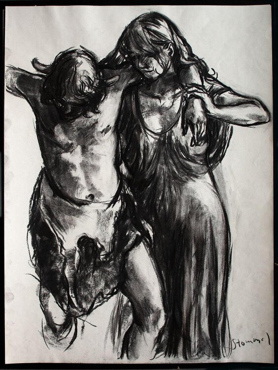 Martin Stommel - Betrunkener Faun mit Mädchen- Kohlezeichnung - 2009