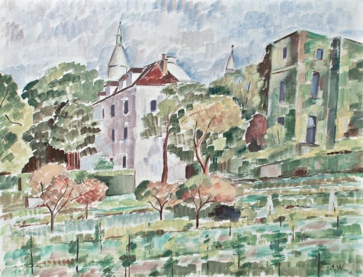 Sonja Wüsten - Ortschaft mit Klosteranlage - o.J. - Temperamalerei