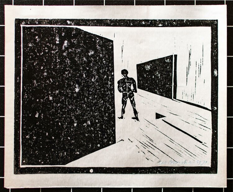 Unleserlich signiert - Figur im Raum - Linolschnitt - 1971