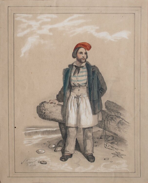 Unbekannt - Fischer am Golf von Neapel - aqua. Bleistiftzeichnung - 1844