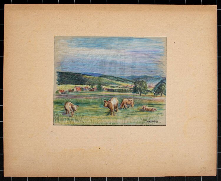 Martin Krauß - Landschaft mit Kühen - Farbstiftzeichnung - 1944