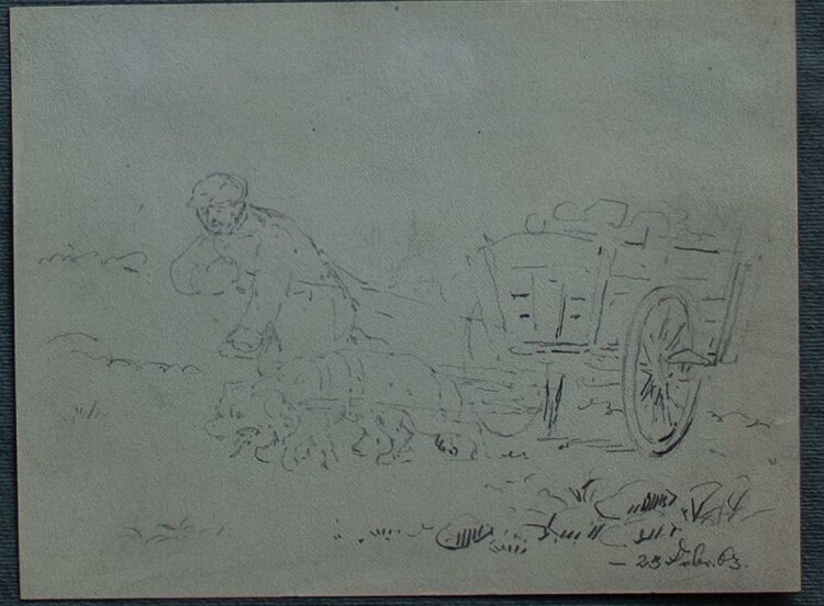 Heinrich Poscharsky - Kühe/Mann der einen Wagen zieh - Bleistiftzeichnung - 1903