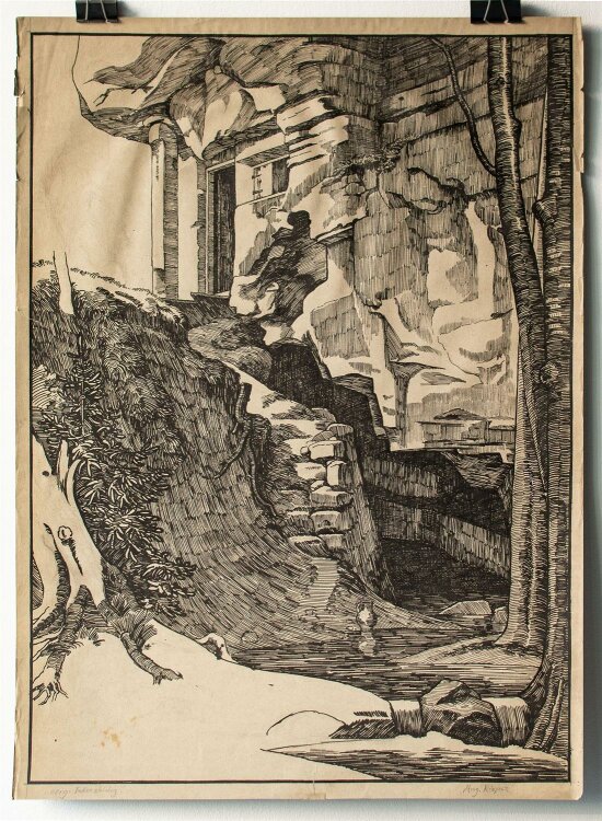 August Rieper - Ruinen an einer Felsgrotte - Tuschezeichnung - o. J.