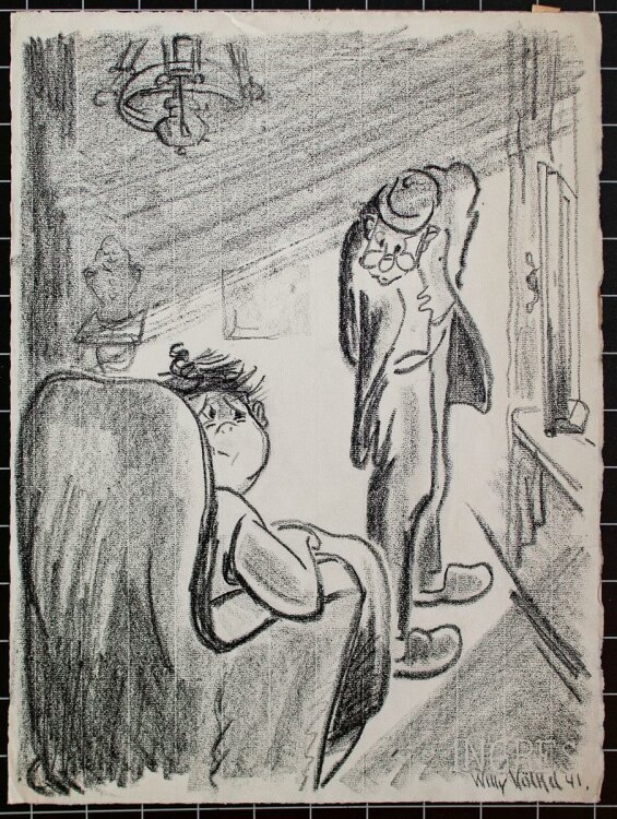 Willy Völkel - Am Fenster - Kohlezeichnung - 1941