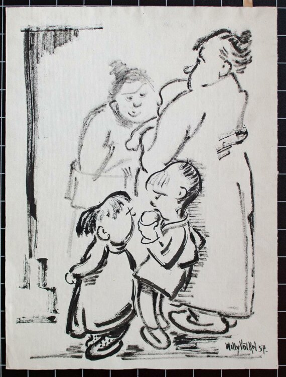 Willy Völkel - Mütter im Diskurs - Tuschezeichnung - 1937