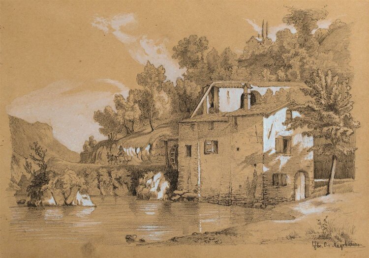 O. von Mayrhauser - Landschaft mit Wassermühle - Bleistift, weiß gehöht - 1860