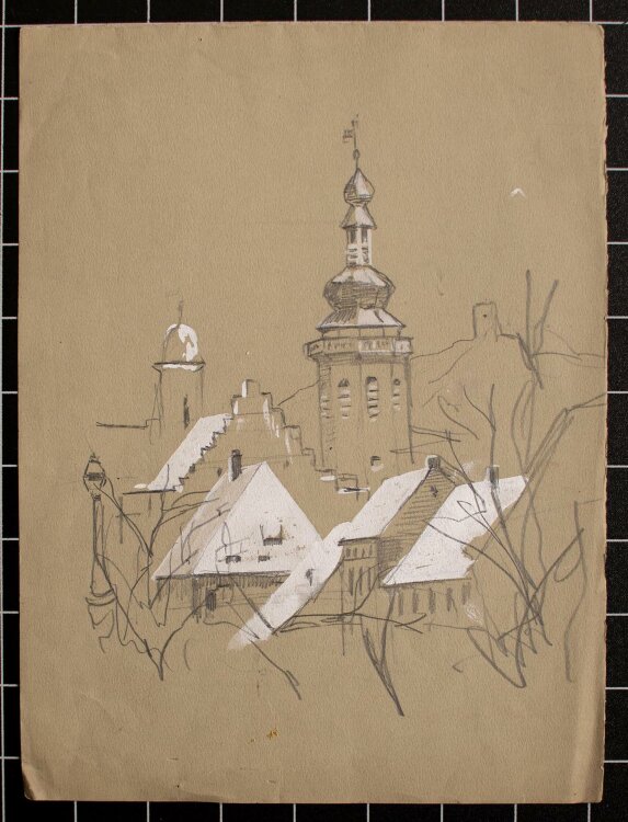 Georg Hesse - Ansicht eines Dorfes - weiß gehöhte Tuschezeichnung - o. J.