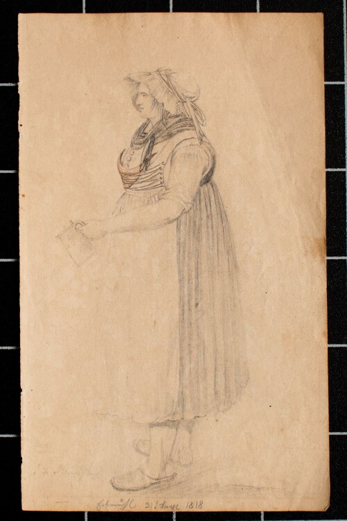 Unbekannt - Frau in Tracht mit Bierkrug - Zeichnung - 1818