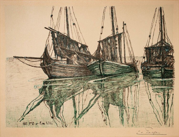 Erich Freiherr von Perfall - Boote im Hafen - Lithographie - o. J.