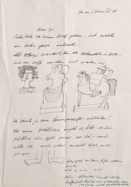 Unbekannt - Brief mit Skulpturenskizzen - Tuschezeichnung - 1964