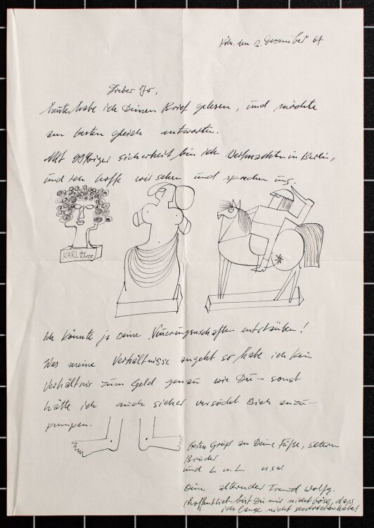 Unbekannt - Brief mit Skulpturenskizzen - Tuschezeichnung - 1964