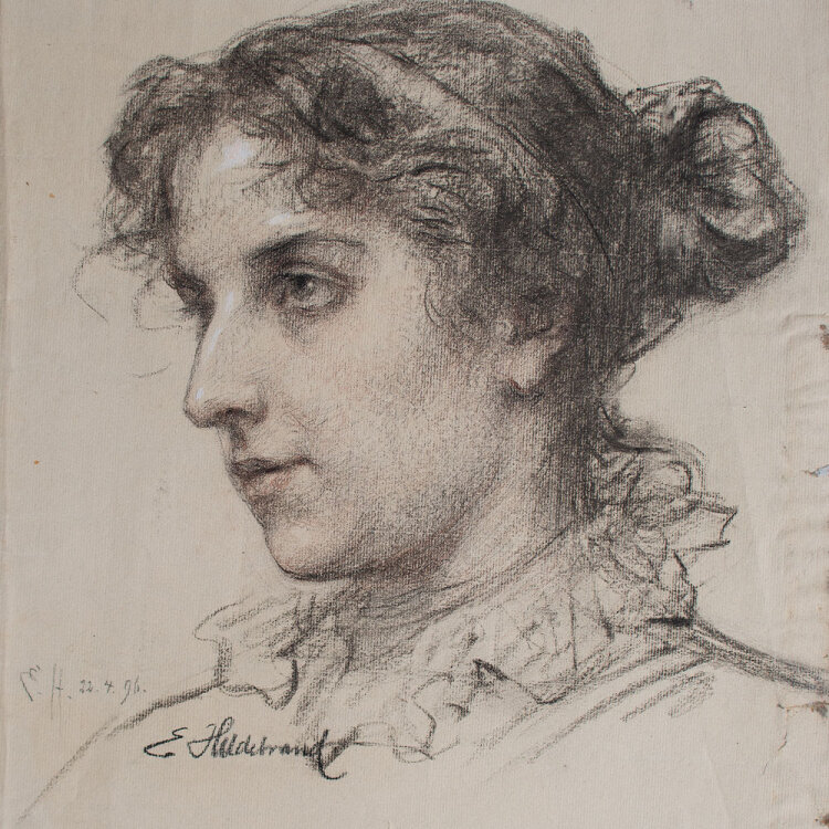 Ernst W. Hildebrand - Weibliches Porträt - 1896 - colorierte Kohlezeichnung
