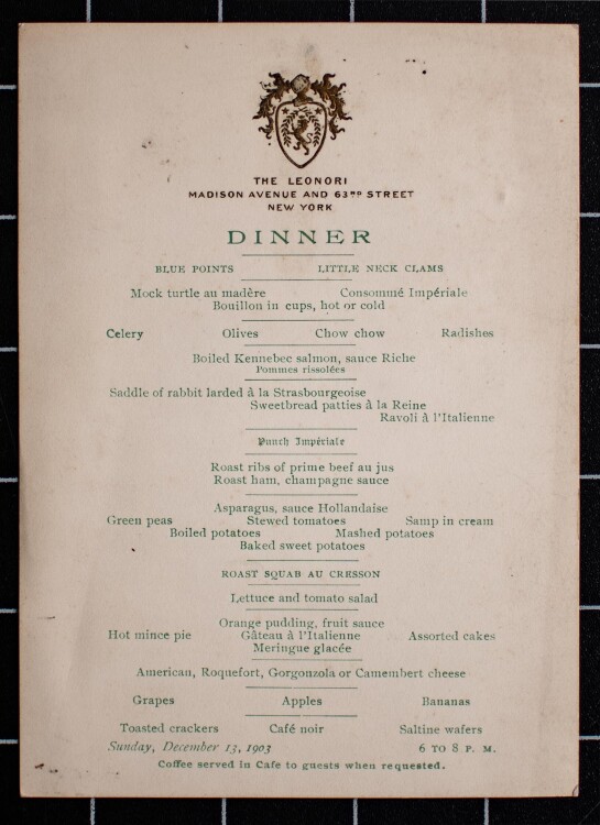 The Leonori - Menü (Dinner) - 13.12.1903