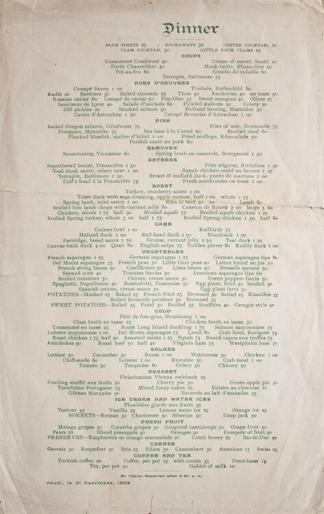 The Leonori - Abendessen - Menükarte/Menu - 31.12.1903