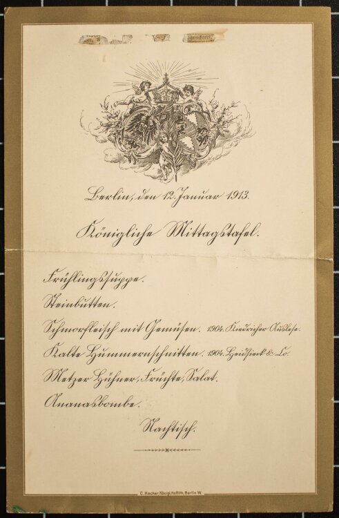 Wilhelm II. - Berlin - Königliche Mittagstafel - Menükarte - 12.1.1913
