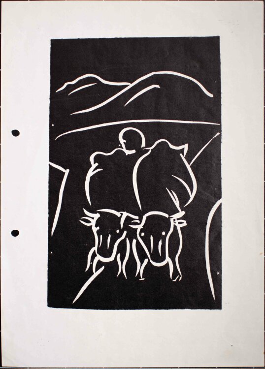 Albert Schneller - Kuhgespann - Linolschnitt - 1966