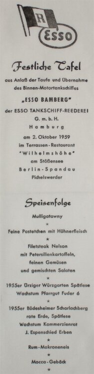 Restaurant Wilhelmshöhe - Bootstaufe - Menükarte - 2.10.1959