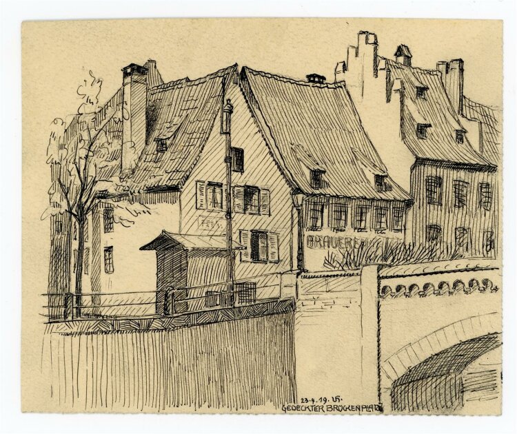 Uli Huber - Stadtansicht (Gedeckter Brückenplatz) - Zeichnung - 1919