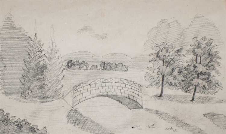 Unbekannt - Fluss mit Brücke - Bleistiftzeichnung - o. J.