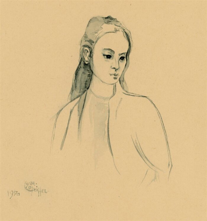Witt Pfeiffer - Portrait einer jungen Frau - Tuschezeichnung - 1956
