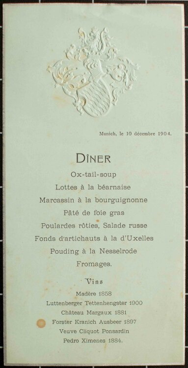 Wittelsbacher (Bayern) - Abendessen - Menükarte - 10.12.1904