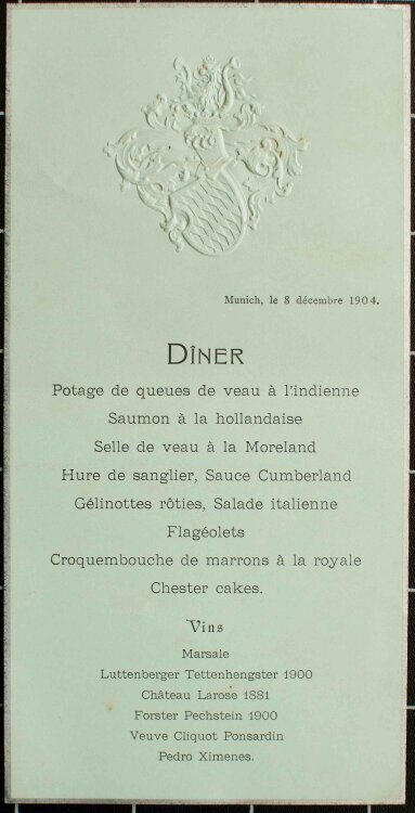 Wittelsbacher (Bayern) - Abendessen - Menükarte - 08.12.1904