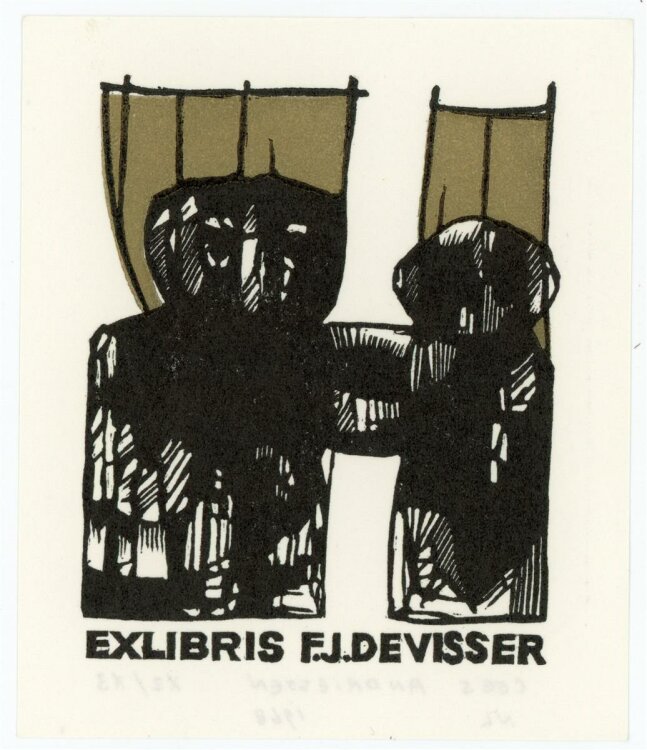 Cees Andriessen - Exlibris von F. J. Devisser - kolorierter Holzschnitt - 1968