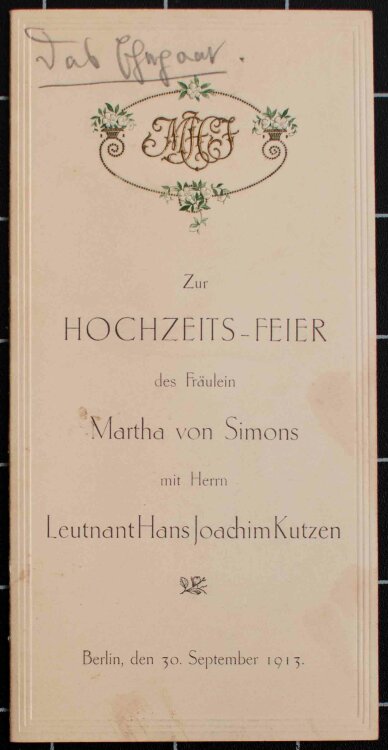 Hochzeit von Simon und Kutzen (Berlin) - Hochzeitsmenü - Menükarte - 30.09.1913