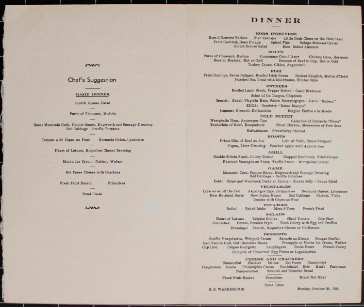 SS Washington  (United States Lines) - Dinner - Menükarte - 29.10.1934