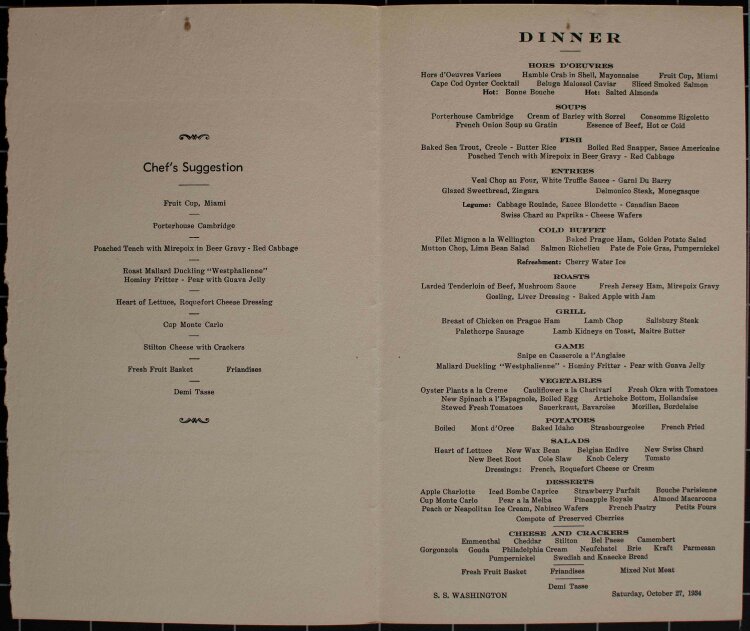 SS Washington  (United States Lines) - Farewell Dinner - Menükarte - 28.10.1934
