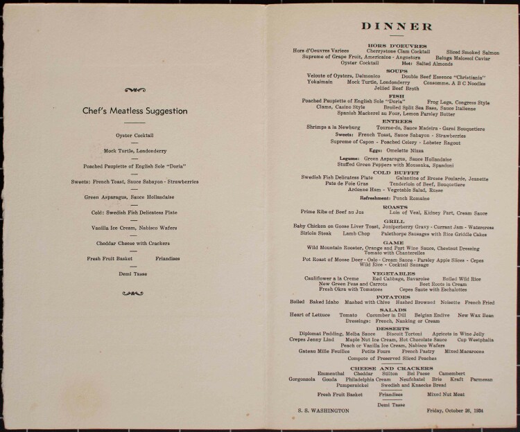 SS Washington  (United States Lines) - Dinner - Menükarte - 26.10.1934