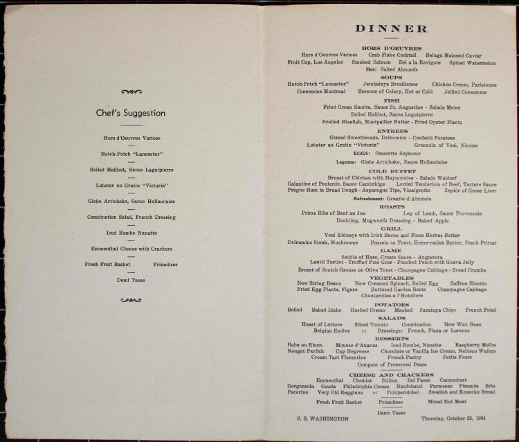 SS Washington  (United States Lines) - Dinner - Menükarte - 25.10.1934