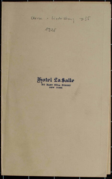 Hotel La Salle (New York) - Dinner - Menükarte - 16.10.1928