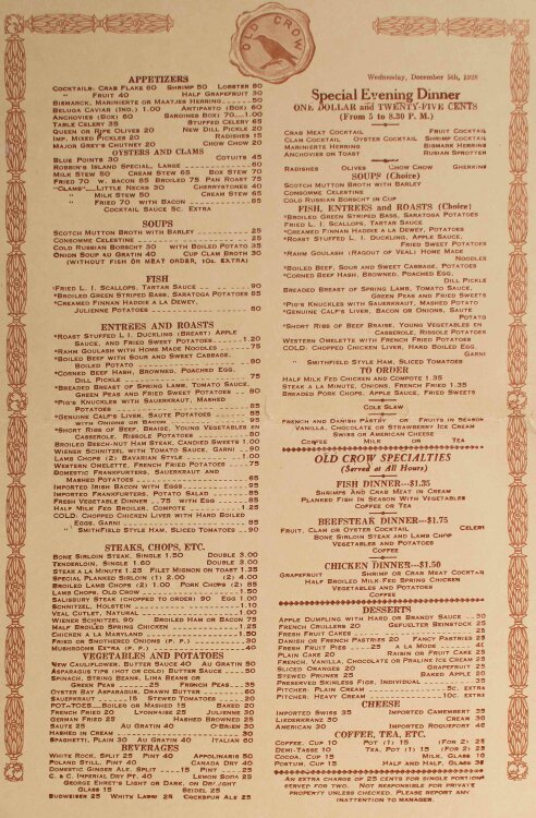 Old Crow (New York) - Restaurantkarte - Menükarte - 05.12.1928