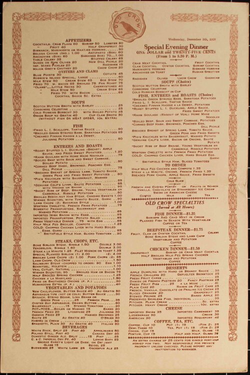 Old Crow (New York) - Restaurantkarte - Menükarte - 05.12.1928
