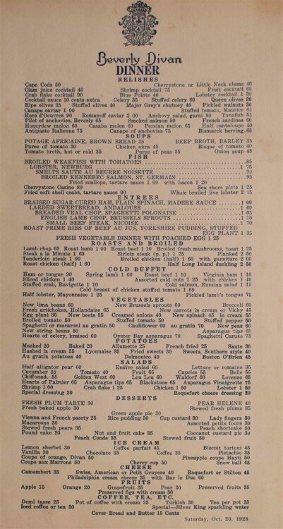 Beverly Divan (New York) - Dinnerkarte - Menükarte - 20.09.1928