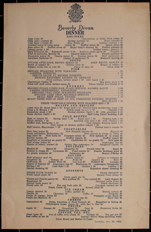Beverly Divan (New York) - Dinnerkarte - Menükarte - 20.09.1928