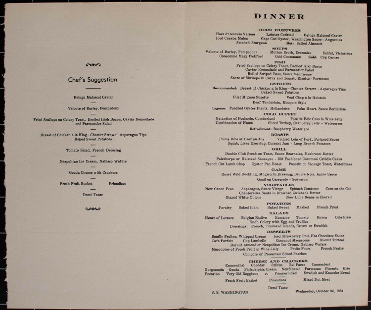 SS Washington  (United States Lines) - Dinner - Menükarte - 24.10.1934