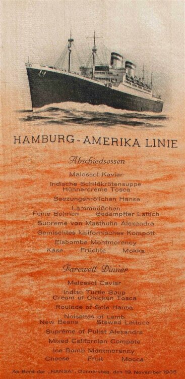Hansa (Hamburg-Amerika-Linie) - Abschiedsessen - Menükarte - 19.11.1936