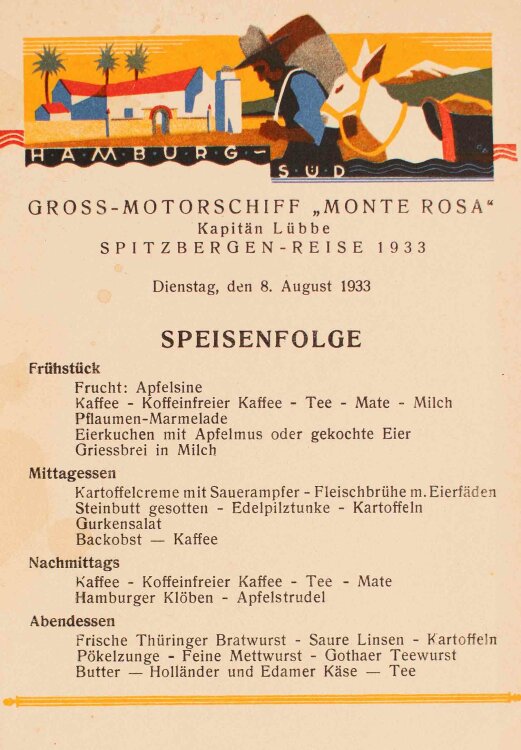 Großmotorschiff Monte Rosa (HSDG) - Tageskarte - Menükarte - 08.08.1933
