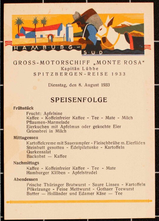 Großmotorschiff Monte Rosa (HSDG) - Tageskarte - Menükarte - 08.08.1933