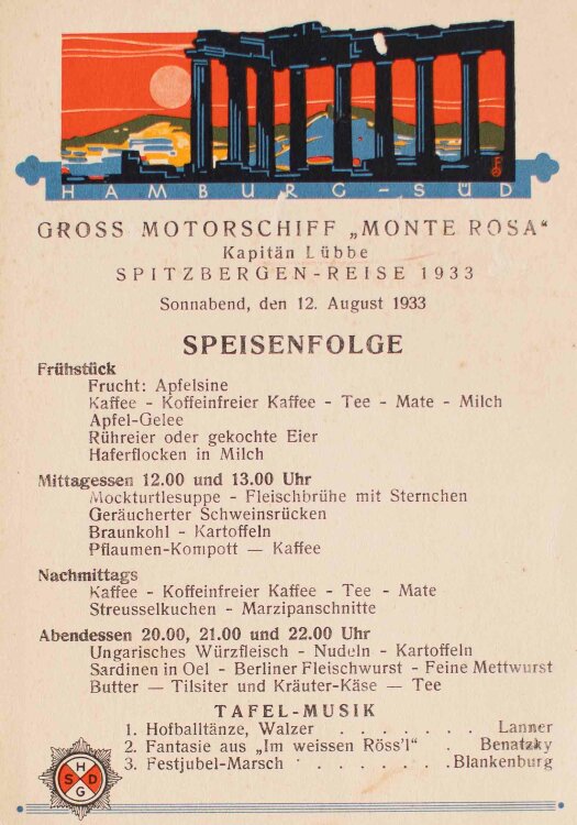 Großmotorschiff Monte Rosa (HSDG) - Tageskarte - Menükarte - 12.08.1933
