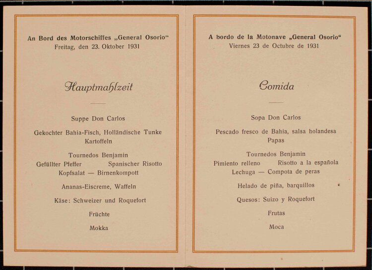 Motorschiff General Osorio (Hapag) - Abendessen - Menükarte - 23.10.1931