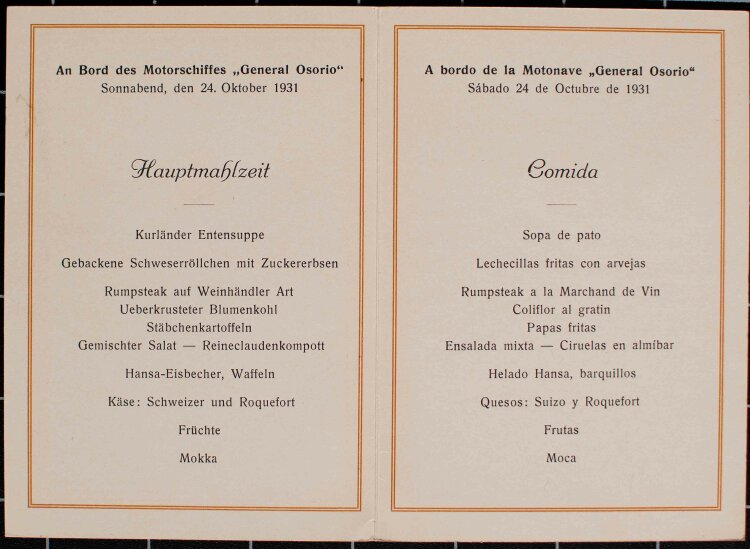 Motorschiff General Osorio (Hapag) - Abendessen - Menükarte - 24.10.1931