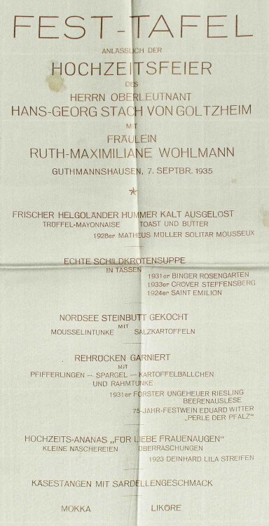 Hochzeitsfeier (Wohlheim und von Goltzheim) - Festtafel - Menükarte - 07.09.1935