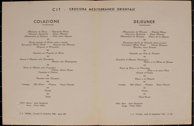 S.S. Roma (Italia di Navigazione) - Frühstückskarte - Menükarte - 24.09.1936