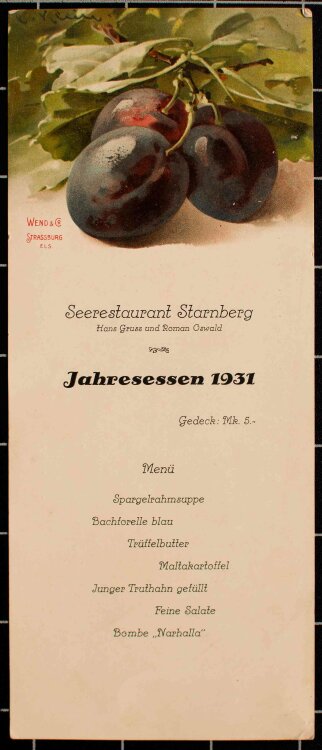 Seerestaurant Starnberg (Hans Gruss, Roman oswald) - Jahresessen - Menükarte