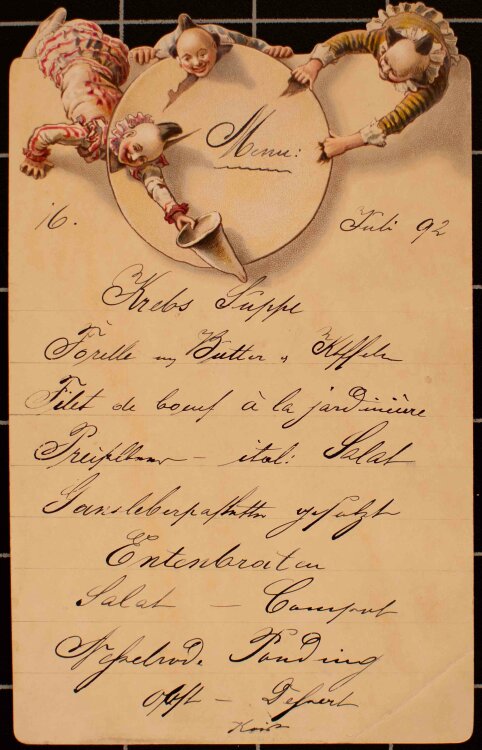 Drei Rosen (München) - Hochzeitsmenü - Menükarte - 16.07.1892