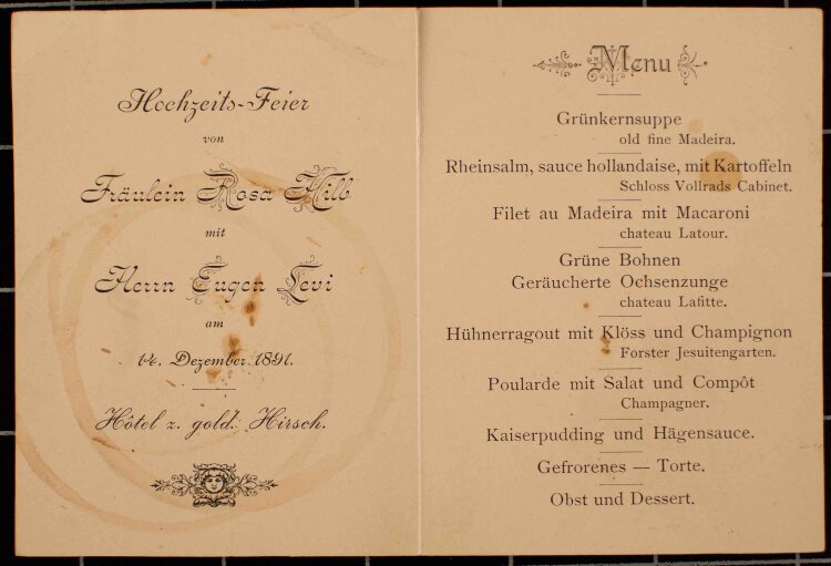 Hotel zum goldenen Hirsch - Hochzeitsmenü - Menükarte - 14.12.1891