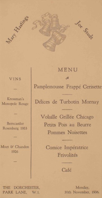 The Dorchester (London) - Lunch - Menükarte - 30.11.1936